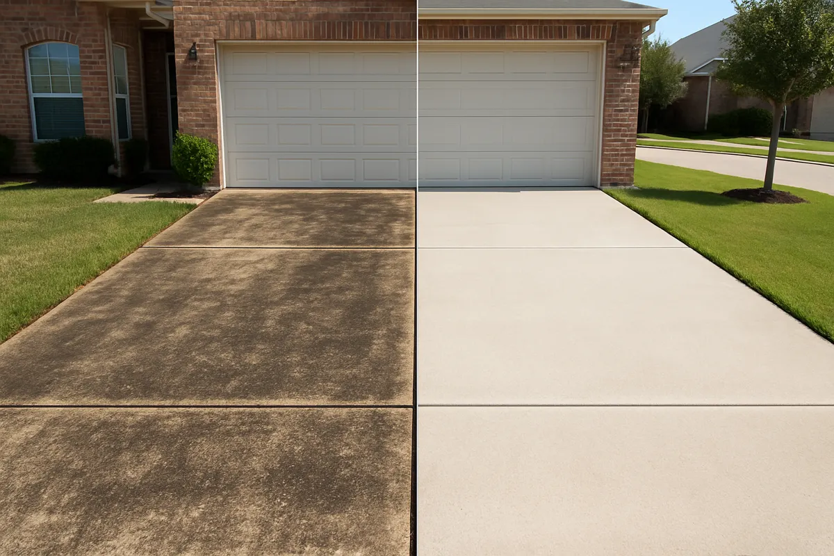 Before and after pressure washing a stained concrete driveway in Victoria, TX — algae and dirt removed, concrete restored to clean light gray