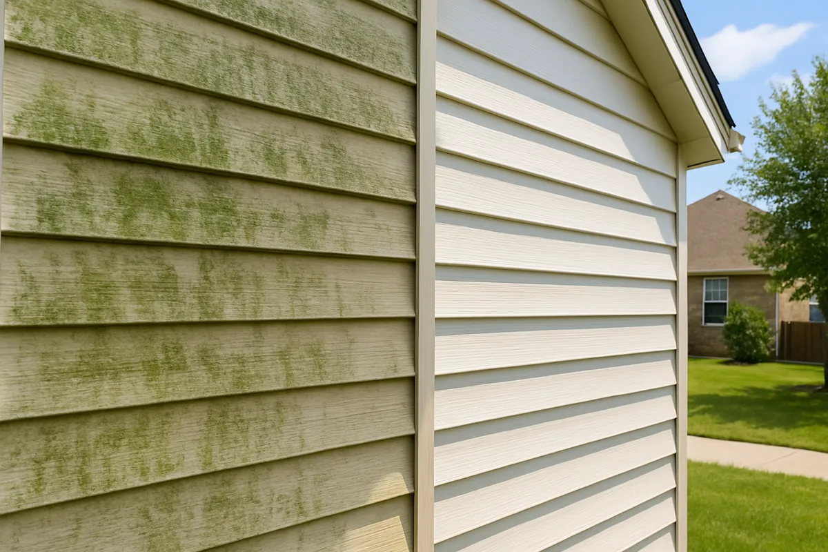 Before and after soft washing vinyl house siding in Victoria, TX — green algae and mildew streaks removed