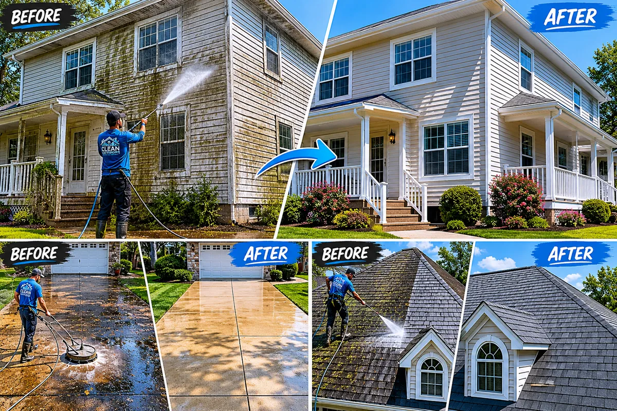 Before and after pressure washing in Victoria, TX — house siding, driveway, and roof cleaned