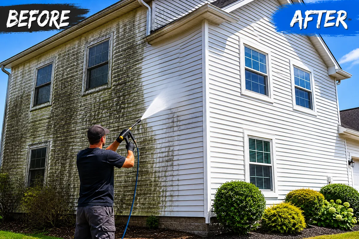Before and after house washing in Victoria, TX — green algae and dirt stripped off the siding