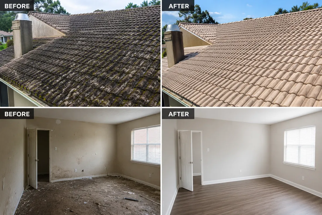 Before and after a full interior move-out cleaning and roof soft wash of a home in Victoria, TX
