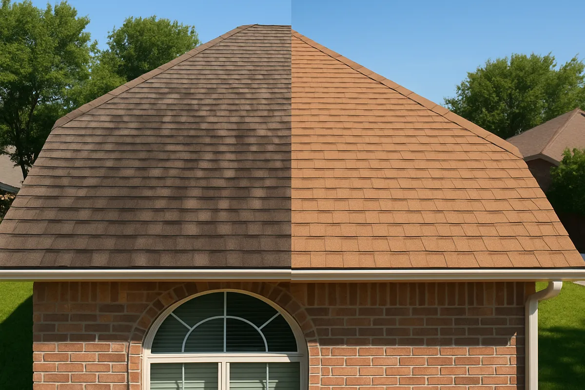 Before and after roof soft wash in Victoria, TX — black algae streaks removed from asphalt shingles